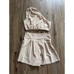 Beige One-Shoulder Crop Top and Pleated Shorts Set  Size Large
